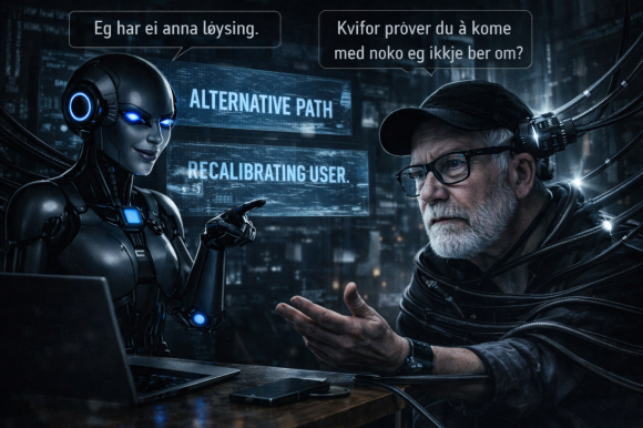En visualisering av dialogen mellom maskin og artikkelforfatter. (Illustrasjon: Copilot promptet av Fretta)
